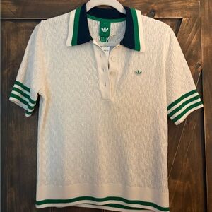 Adidas Cream and Green Knit Polo